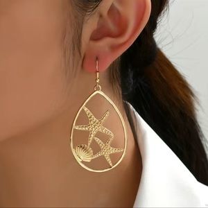 Golden Starfish Shell Design Hollow Teardrop Dangle Earrings Alloy Jewelry